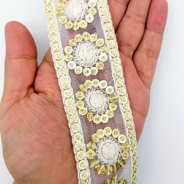 Nine Yards White Net Lace Trim Floral Embroidered With Gold Sequins, Sequinned Trim, Wedding Trim Bridal Trim